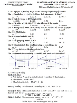 Đề Thi Giữa Kì 1 Môn Toán Lớp 6 Năm 2023-2024 Trường THCS Huỳnh Thúc Kháng - Quảng Nam