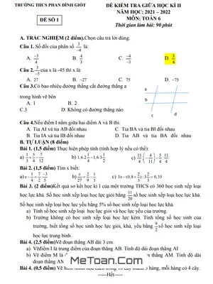 Đề thi giữa kì 2 Toán lớp 6 năm 2021 - 2022 trường THCS Phan Đình Giót - Hà Nội