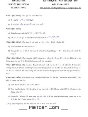 Đề thi học kì 1 Toán lớp 9 năm 2021 - 2022 trường THCS Nguyễn Tri Phương - TT Huế
