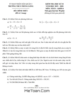 Đề thi HK2 Toán lớp 8 năm 2019 - 2020 trường THCS Thăng Long - TP. HCM (có lời giải)