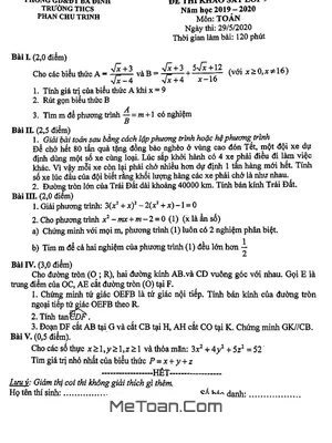 Đề khảo sát Toán 9 năm 2019 - 2020 trường THCS Phan Chu Trinh - Hà Nội
