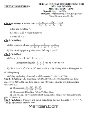Đề KSCL Học Sinh Giỏi Toán 8 Năm 2023 - 2024 Trường THCS Công Liêm - Thanh Hóa