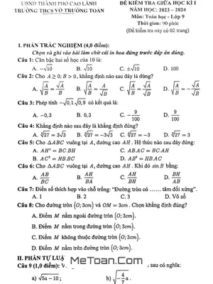 Đề Thi Giữa Kì 1 Toán 9 Năm 2023 - 2024 Trường THCS Võ Trường Toản - Đồng Tháp