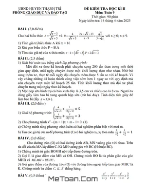 Đề thi học kì 2 Toán 9 năm 2022 - 2023 phòng GD&ĐT Thanh Trì - Hà Nội