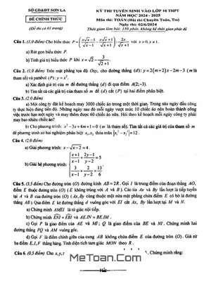 Đề thi Tuyển sinh lớp 10 môn Toán (Chuyên) năm 2024 - 2025 Sở GD&ĐT Sơn La