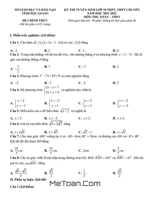 Đề thi tuyển sinh lớp 10 môn Toán năm 2021-2022 Sở GD&ĐT Hậu Giang (có đáp án)