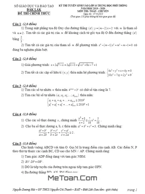 Đề Thi Tuyển Sinh Lớp 10 Chuyên Toán Sở GD&ĐT Đắk Lắk Năm 2019 - 2020