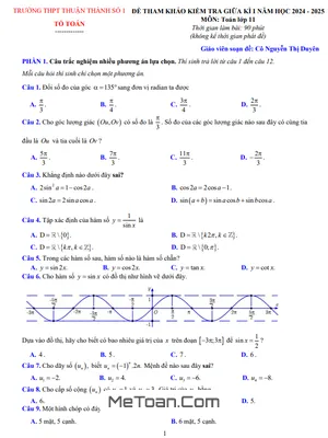 Đề tham khảo giữa kì 1 Toán 11 năm 2024 - 2025 trường THPT Thuận Thành 1 - Bắc Ninh