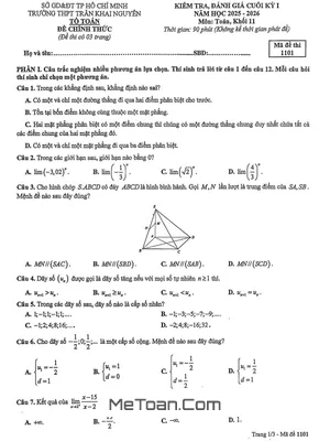 Đề thi Cuối học kỳ 1 Toán 11 năm 2025 - 2026 THPT Trần Khai Nguyên - TP. HCM