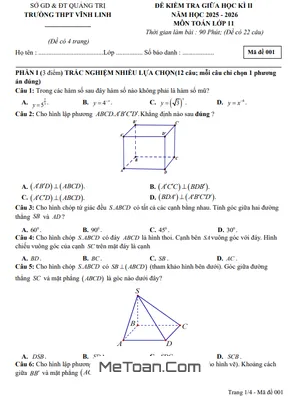 Đề Kiểm Tra Toán 11 Giữa Kỳ 2 Năm 2025-2026 THPT Vĩnh Linh - Quảng Trị
