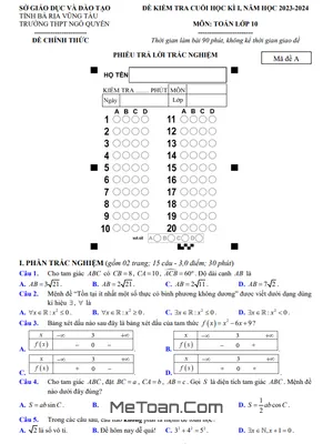 Đề thi học kì 1 Toán lớp 10 năm 2023 – 2024 trường THPT Ngô Quyền – BRVT có đáp án