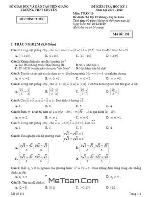 Đề thi học kì 1 Toán 10 năm 2019 – 2020 trường THPT chuyên Tiền Giang