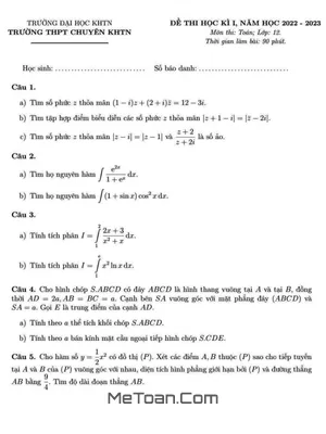 Đề thi học kì 1 Toán 12 năm 2022 - 2023 trường Chuyên KHTN Hà Nội