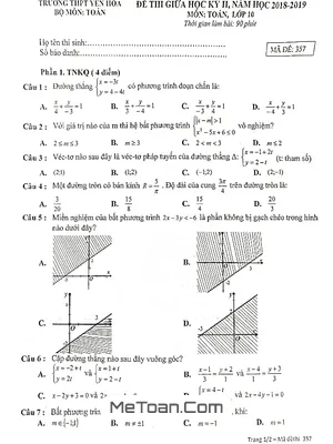 Đề thi giữa học kỳ 2 môn Toán lớp 10 năm 2018 - 2019 trường THPT Yên Hòa - Hà Nội