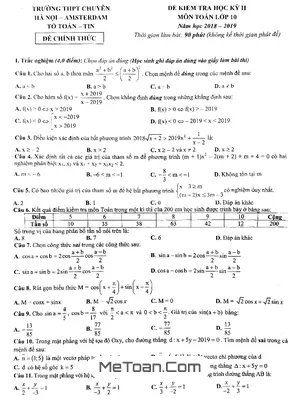 Đề thi học kỳ 2 Toán 10 năm 2018 - 2019 trường THPT chuyên Hà Nội - Amsterdam