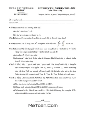 Đề thi cuối kì 1 Toán 11 năm 2019 - 2020 trường THPT Phước Long - TP HCM