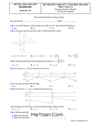 Đề Thi Giữa Kỳ 1 Toán 12 Năm 2022-2023 Trường THPT Trần Phú - Phú Yên