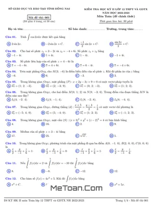 Đề kiểm tra học kỳ 2 Toán 12 năm 2022 - 2023 sở GD&ĐT Đồng Nai