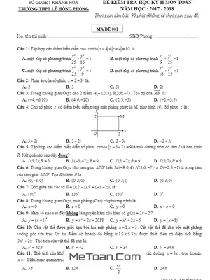 Đề thi học kỳ 2 Toán 12 năm 2017 - 2018 trường THPT Lê Hồng Phong - Khánh Hòa (có đáp án)