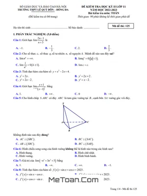 Đề học kỳ 2 Toán 11 năm 2022 – 2023 trường THPT Lê Quý Đôn – Hà Nội
