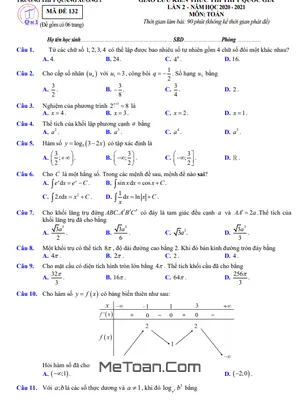 Đề thi thử Toán THPT Quốc gia 2021 lần 2 trường THPT Quảng Xương 1 - Thanh Hóa