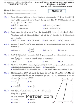 Đề Thi Thử THPT Quốc Gia 2017 Môn Toán Trường THPT An Lão - Hải Phòng Lần 2