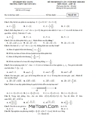 Đề thi định kỳ Toán 10 lần 1 năm 2020 - 2021 trường Việt Yên 1 - Bắc Giang