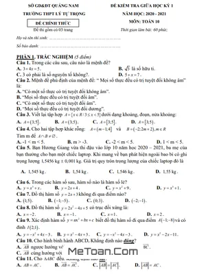 Đề thi giữa kì 1 Toán 10 năm 2020 - 2021 trường THPT Lý Tự Trọng - Quảng Nam