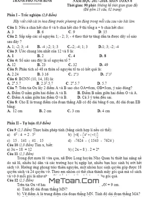 Đề thi HK1 Toán 6 năm học 2017 - 2018 phòng GD&ĐT thành phố Ninh Bình
