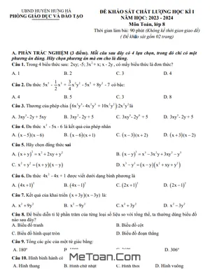 Đề thi học kì 1 Toán 8 năm 2023 - 2024 phòng GD&ĐT Hưng Hà - Thái Bình (có đáp án)