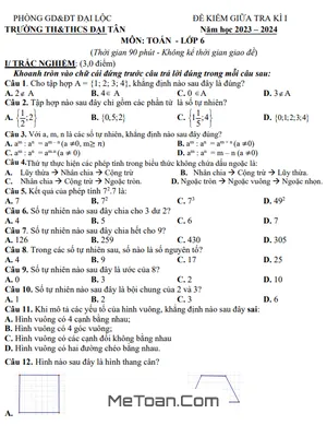 Đề Thi Giữa Kì 1 Toán 6 Năm 2023 - 2024 Trường TH&THCS Đại Tân - Quảng Nam