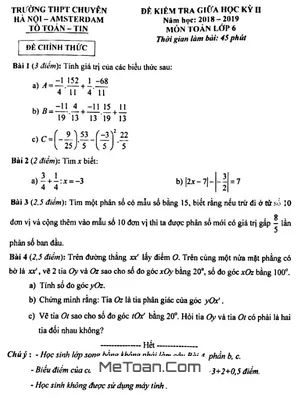 Đề thi giữa HK2 Toán lớp 6 năm 2018 - 2019 trường chuyên Hà Nội - Amsterdam