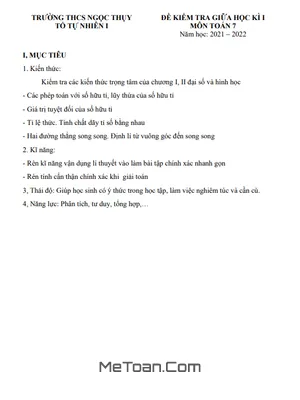 Đề thi giữa kì 1 Toán 7 năm 2021 - 2022 trường THCS Ngọc Thụy - Hà Nội (có đáp án)