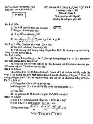 Đề thi học kỳ 1 Toán lớp 9 năm 2021 - 2022 trường THCS Hàm Rồng - Thanh Hóa