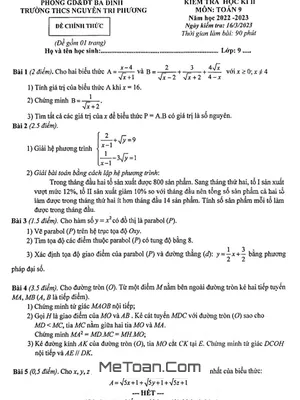 Đề thi giữa kì 2 Toán 9 năm 2022 - 2023 trường THCS Nguyễn Tri Phương - Hà Nội