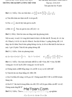 Đề thi HK2 Toán 8 năm 2018 - 2019 trường Lương Thế Vinh - Hà Nội