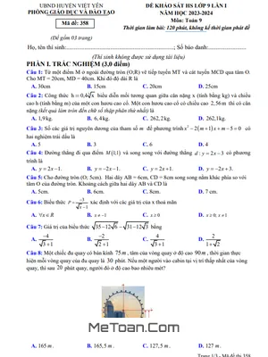 Đề khảo sát Toán 9 lần 1 năm 2023 – 2024 phòng GD&ĐT Việt Yên – Bắc Giang