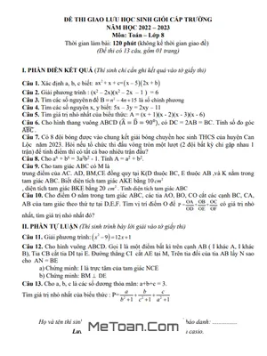 Đề thi học sinh giỏi Toán 8 năm 2022 - 2023 phòng GD&ĐT Can Lộc - Hà Tĩnh