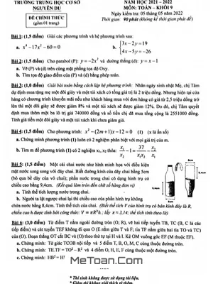 Đề thi học kỳ 2 Toán 9 năm 2021 - 2022 trường THCS Nguyễn Du - TP HCM