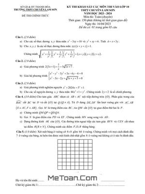 Đề thi khảo sát Toán (chuyên) vào lớp 10 năm 2023 - 2024 trường chuyên Lam Sơn - Thanh Hóa