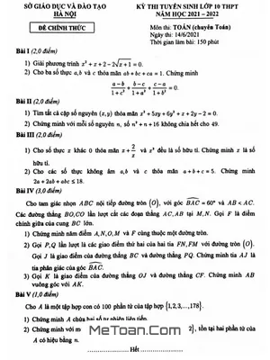 Đề thi Tuyển Sinh Lớp 10 Chuyên Toán Sở GD&ĐT Hà Nội Năm 2021 - 2022