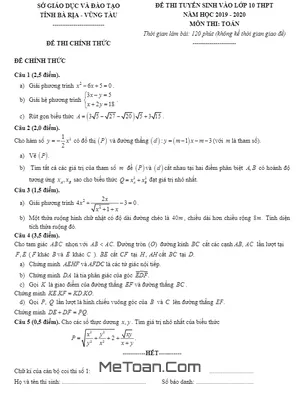 Đề thi Toán vào lớp 10 chuyên Lê Quý Đôn - BRVT (Vòng 1) năm 2019-2020