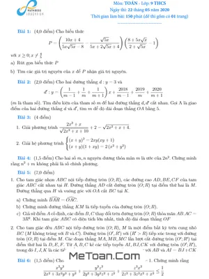 Đề thi chọn học sinh giỏi tỉnh Toán 9 năm 2019 - 2020 sở GD&ĐT Hà Nam