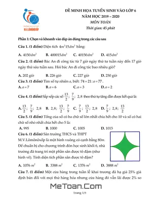 Đề Minh Hoạ Khảo Sát Năng Lực Vào Lớp 6 Trường THCS LôMôNôXốp Năm 2019