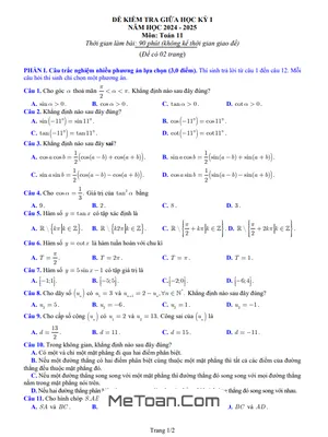 Đề kiểm tra giữa học kỳ 1 Toán 11 năm 2024 - 2025 sở GD&ĐT Bắc Ninh