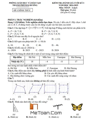 Đề Thi Cuối Kỳ 1 Toán Lớp 6 Năm 2024 - 2025 Phòng GD&ĐT TP Hải Dương