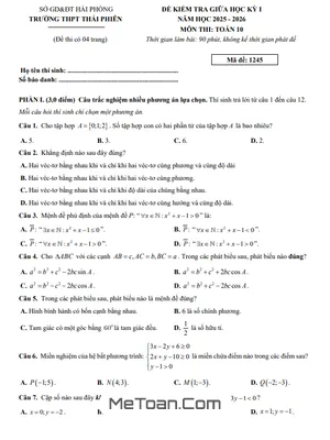 Đề thi Giữa Học Kỳ 1 Toán 10 năm 2025 - 2026 THPT Thái Phiên, Hải Phòng (Có Đáp Án)