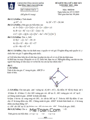 Đề thi giữa học kỳ 1 Toán 8 năm học 2025 - 2026 trường THCS Nguyễn Du - Hà Nội