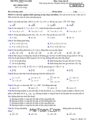 Đề Thi Cuối Học Kỳ 1 Toán 10 Năm 2024 - 2025 Trường THPT Gia Hội, Huế (Có Đáp Án)