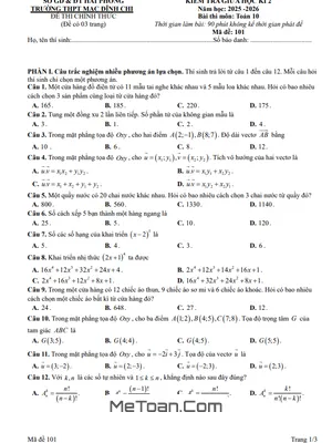 Đề Kiểm Tra Giữa Học Kì 2 Môn Toán Lớp 10 Năm Học 2025 – 2026 Trường THPT Mạc Đĩnh Chi, Hải Phòng